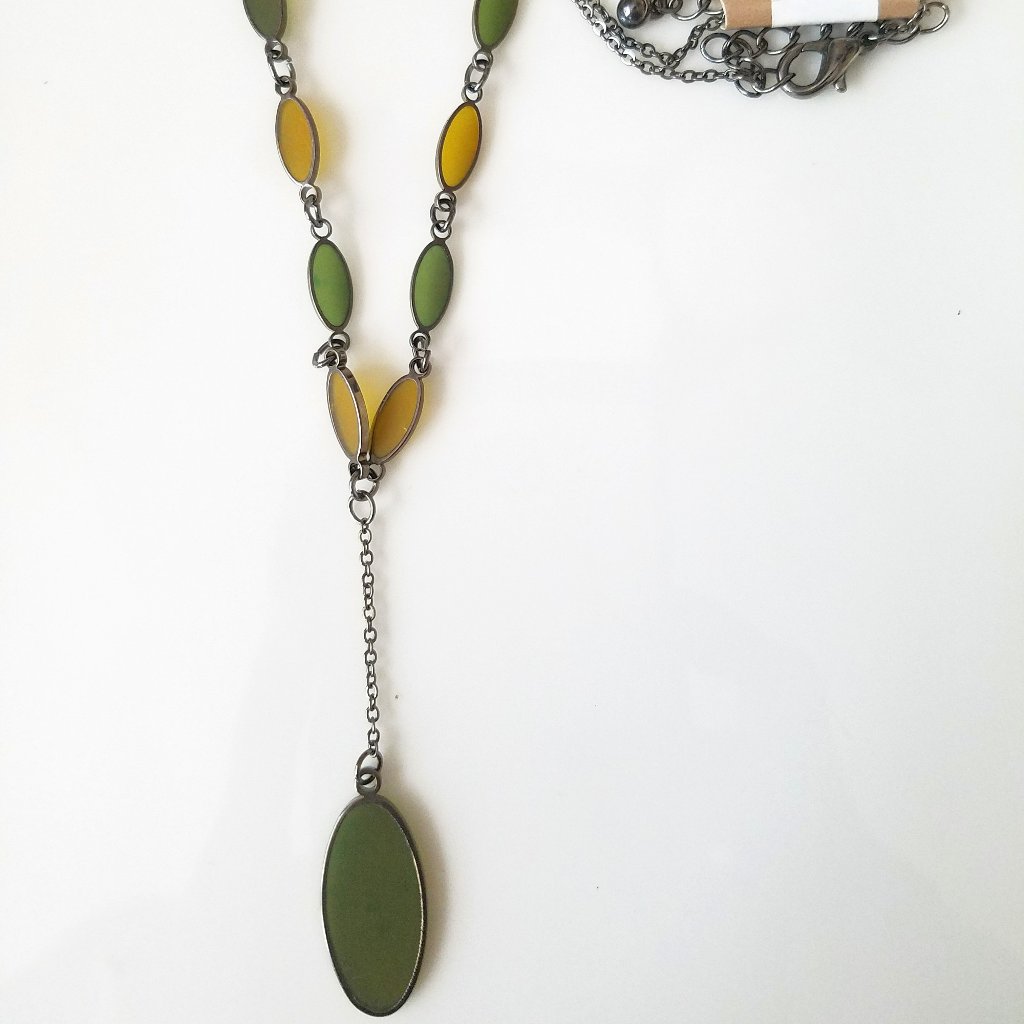 New Massini Earthy Green Yellow Opaque Y Lariat Delicate Classy Dressy Necklace
